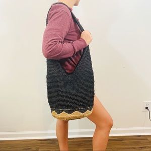 Bags - Black and Tan straw hobo bag with boho bottom Bags - Black and Tan straw hobo bag with boho bottom